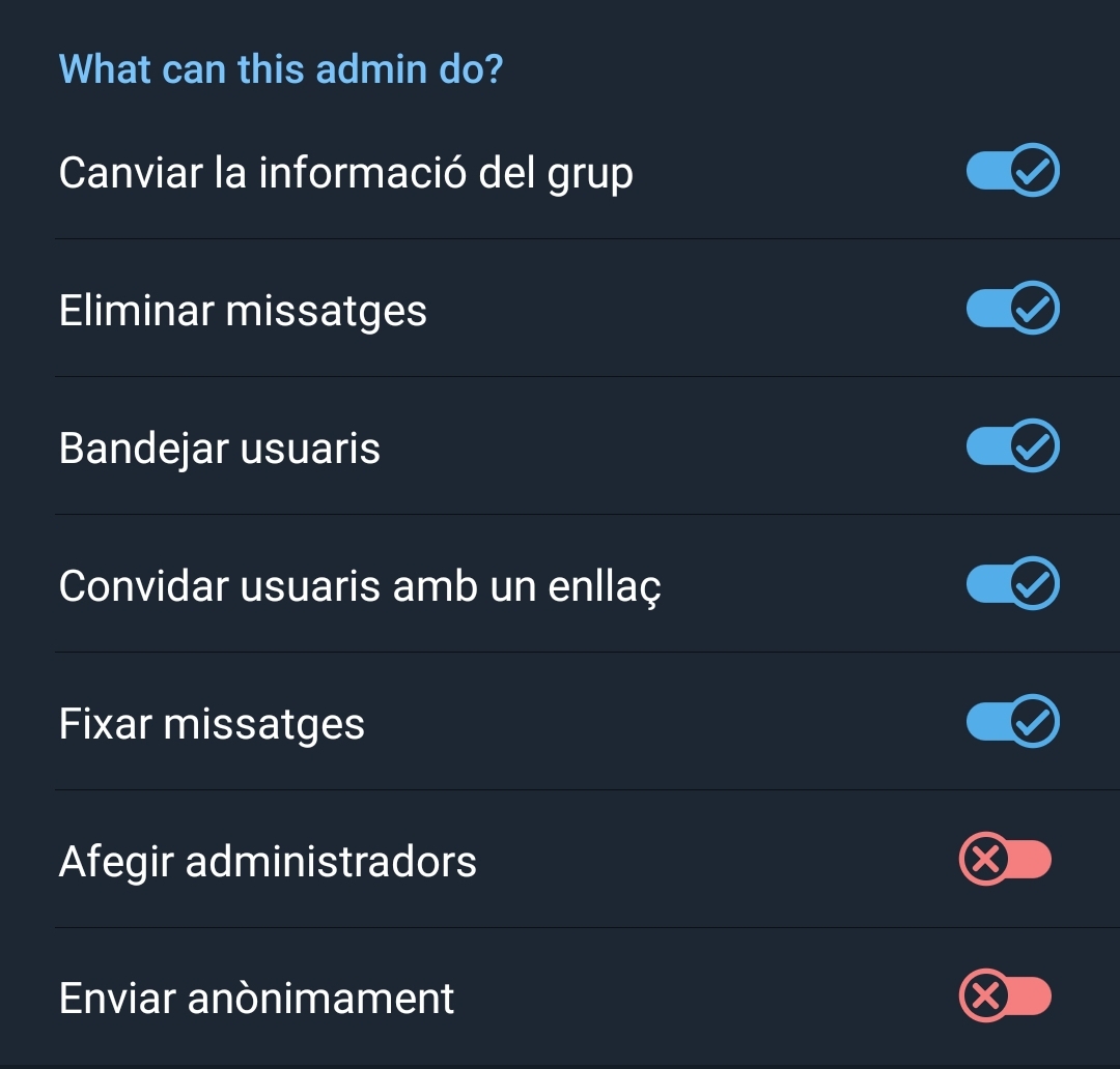 Captura de pantalla de Telegram per administrar permissos d'administradors